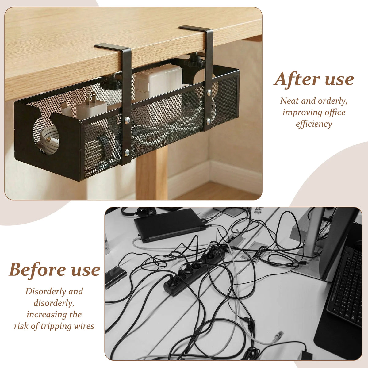 After use view of a black under desk cable management tray with a clamp-on design.