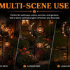 A collection of multi-scene outdoor lighting featuring solar Halloween black cat and pumpkin garden stake lights for various 