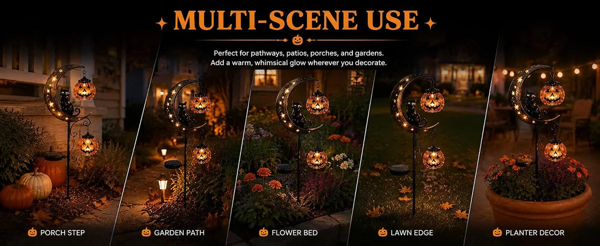 A collection of multi-scene outdoor lighting featuring solar Halloween black cat and pumpkin garden stake lights for various 