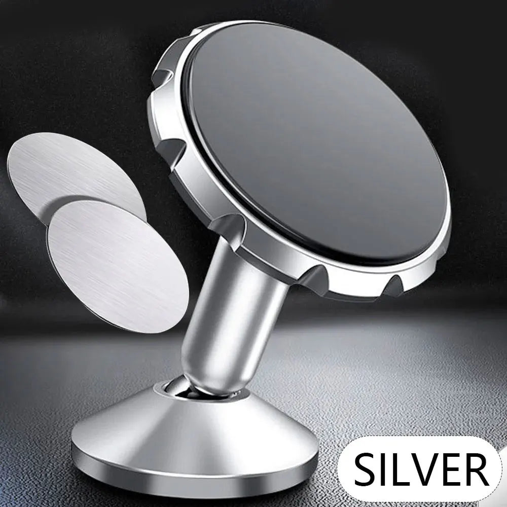 Silver magnetic phone mount with a circular rotating base and mounting plate