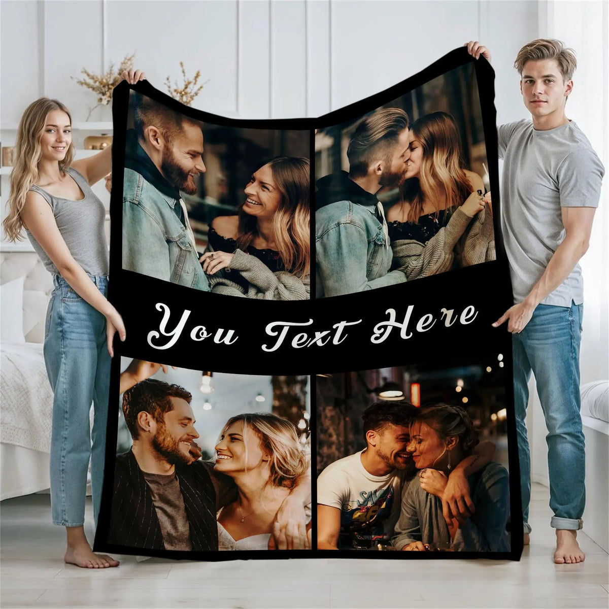 Couverture imprimée personnalisée avec diverses photos de couples romantiques.
