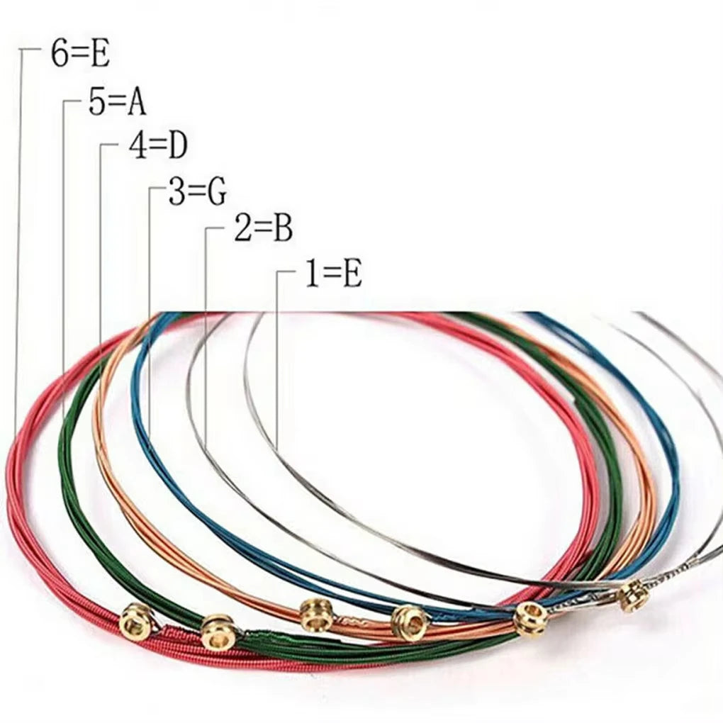 A set of six color-coded acoustic guitar strings labeled with numbers 1 through 6, showing various colors like red, green, bl