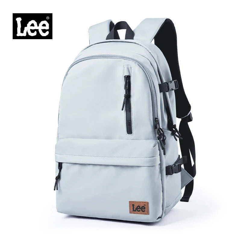 A light blue Lee ultralight water-resistant laptop backpack shown from the front.