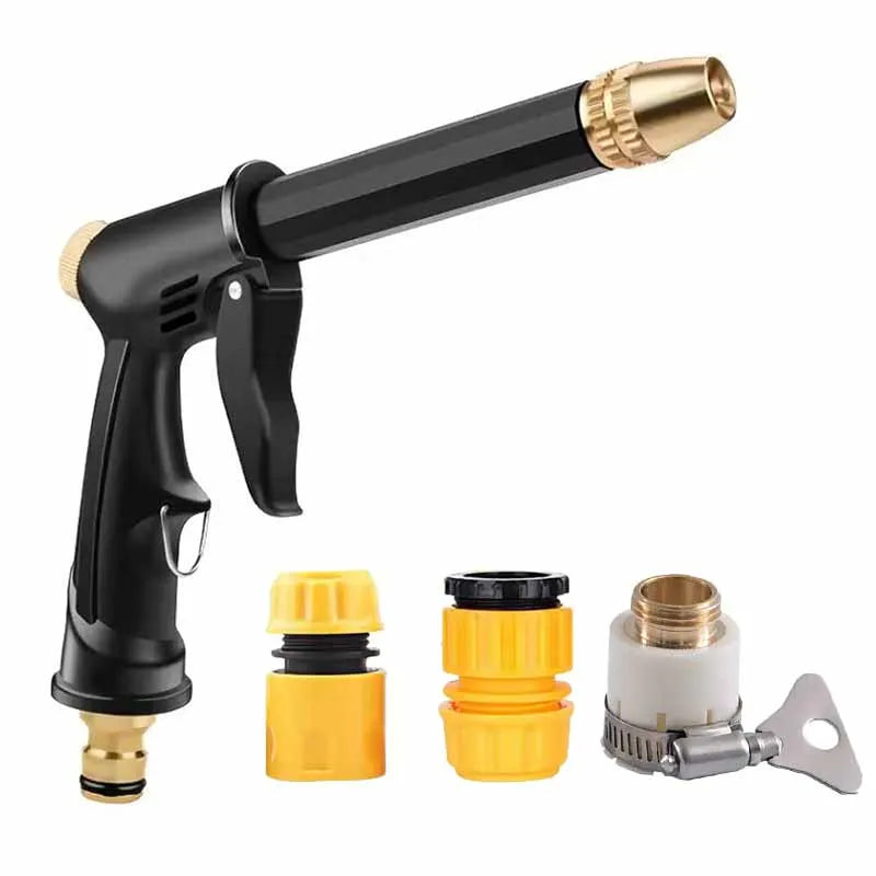 A black high-pressure car wash gun with an adjustable brass nozzle and various fittings.