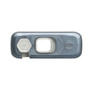 A clear plastic child safety cabinet lock with a hexagonal feature and a rectangular opening.