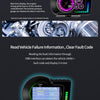 A display showing a car's engine data, fault codes, and performance metrics on an HD screen.