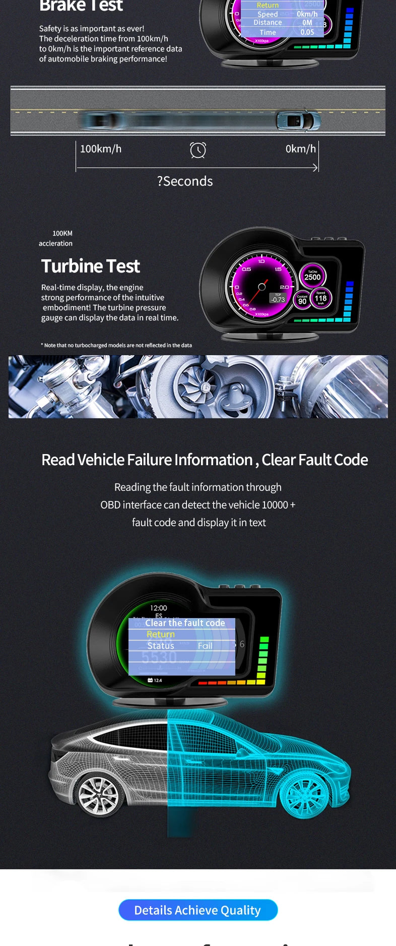 A display showing a car's engine data, fault codes, and performance metrics on an HD screen.