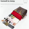 A brown felt storage liner bag is shown open, containing various daily necessities like pens, cosmetics, and a smartphone.