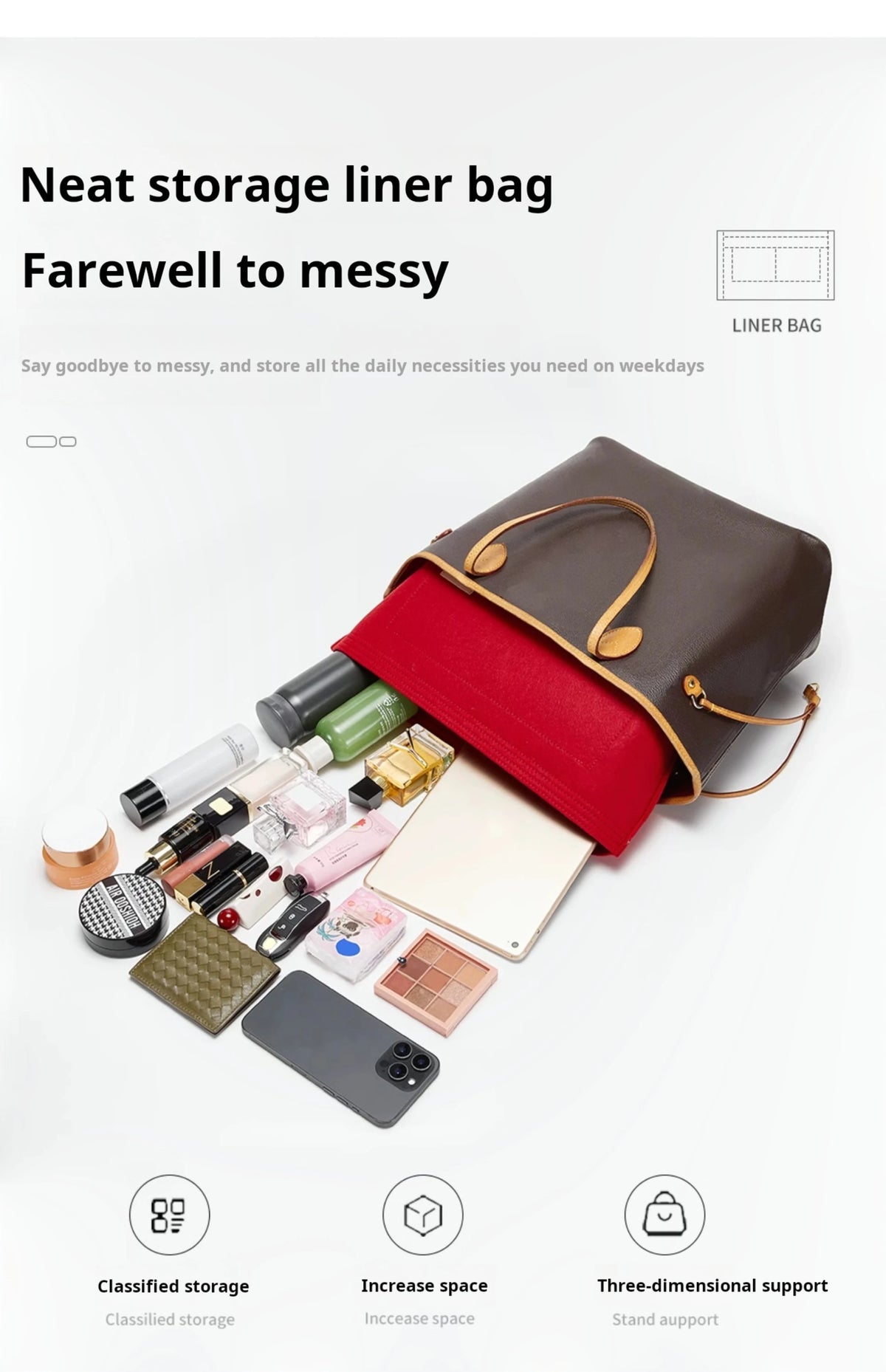 A brown felt storage liner bag is shown open, containing various daily necessities like pens, cosmetics, and a smartphone.