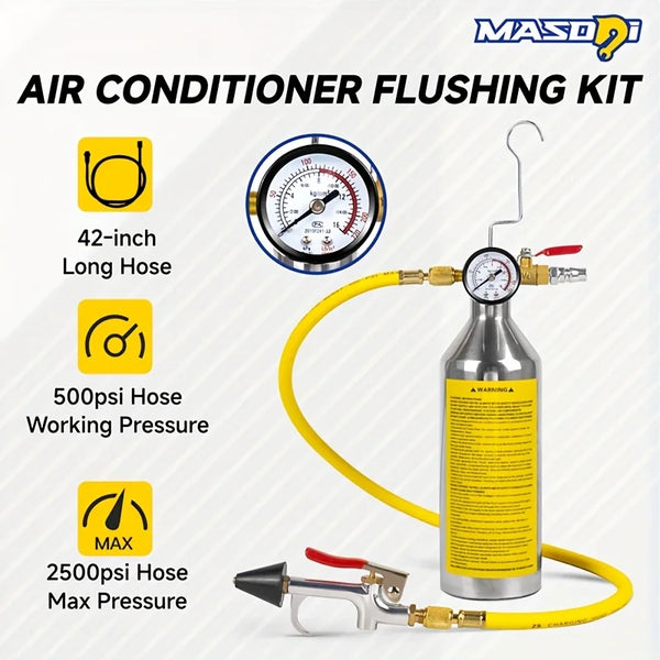 Air conditioner flushing kit showing a yellow hose, pressure gauge, and spray gun assembly.