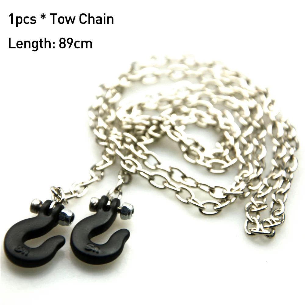 A silver tow chain with a black hook attached, measuring 89cm long.