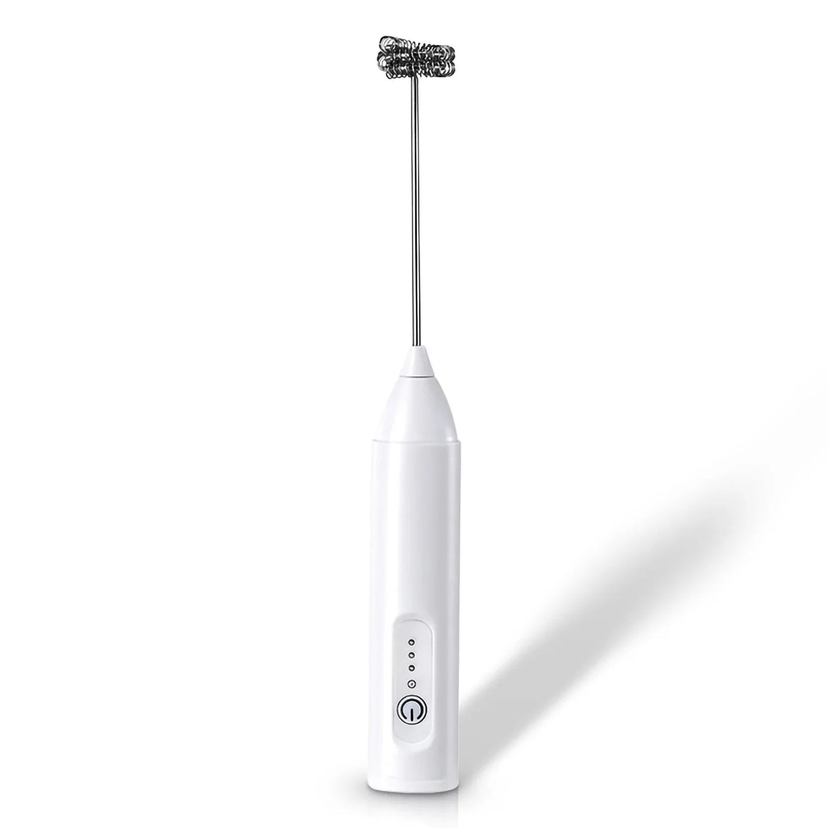 A white rechargeable handheld milk frother with a metal whisk attachment.