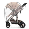 A transparent waterproof stroller rain cover with a beige canopy and a black frame on wheels.