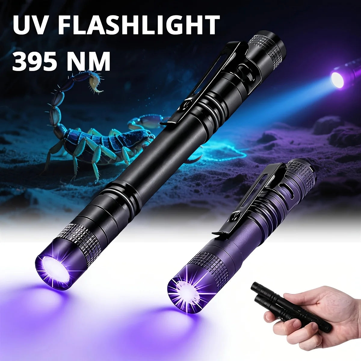 A black portable UV flashlight with a purple tip is shown illuminating a surface.