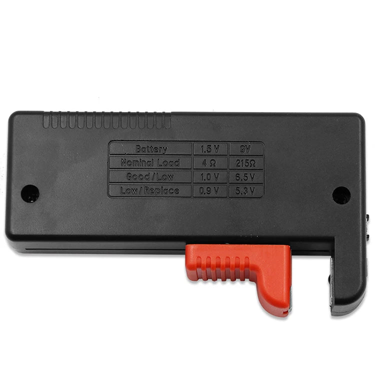 Black battery tester device with settings for various batteries and loads