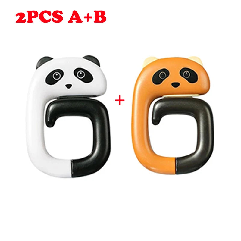 Two panda-themed portable bag hooks, one white and one orange, for hanging items on a table or desk.