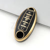 A gold-colored TPU car key case cover with a slot and multiple key holes is shown against a white background.