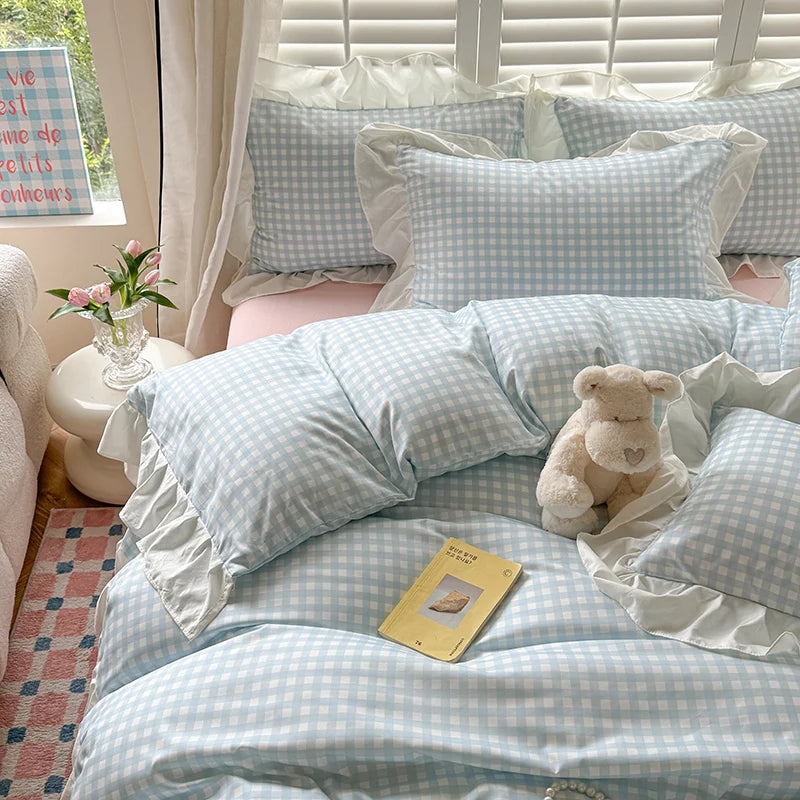 Pink Checkered Lace Duvet Cover Set (3 Pieces)