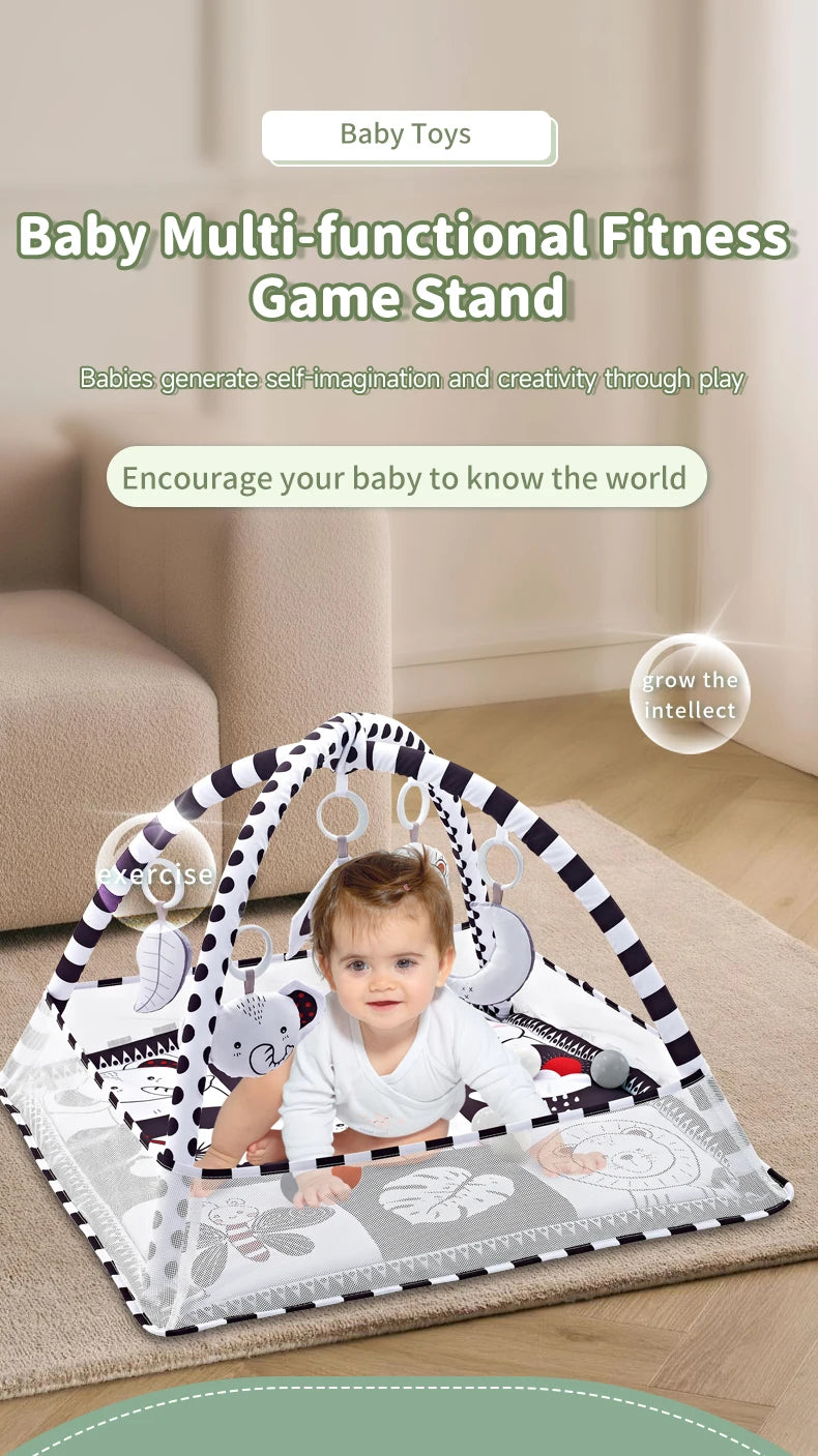 A baby multi-functional fitness game stand with hanging toys on a mat for imagination and creativity.
