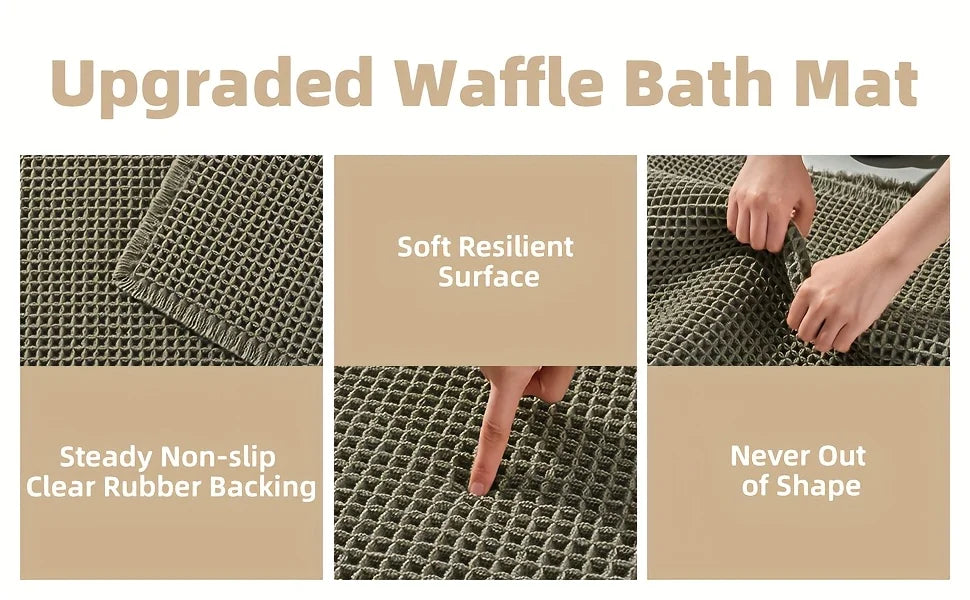 Close-up view of an upgraded waffle bath mat showing its soft resilient surface, non-slip rubber backing, and flexible textur