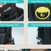 Close-up view of a black tool belt showing various features like a tough pocket, tape measure pocket, storage slot, and clip 