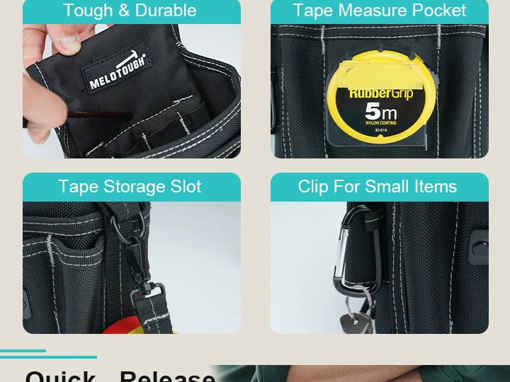 Close-up view of a black tool belt showing various features like a tough pocket, tape measure pocket, storage slot, and clip 