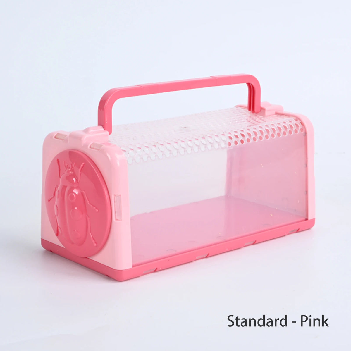 A pink observation cage for insects with a net and magnifying glass.