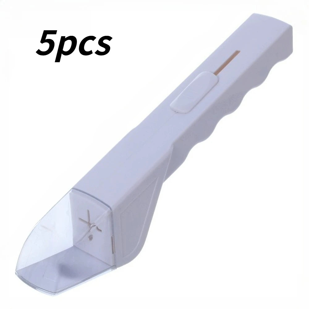 Five pieces of a white handheld insect catcher clamp tool with a pointed tip and a thin rod.