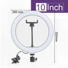 A white adjustable ring light with a circular frame and a tripod stand is shown.