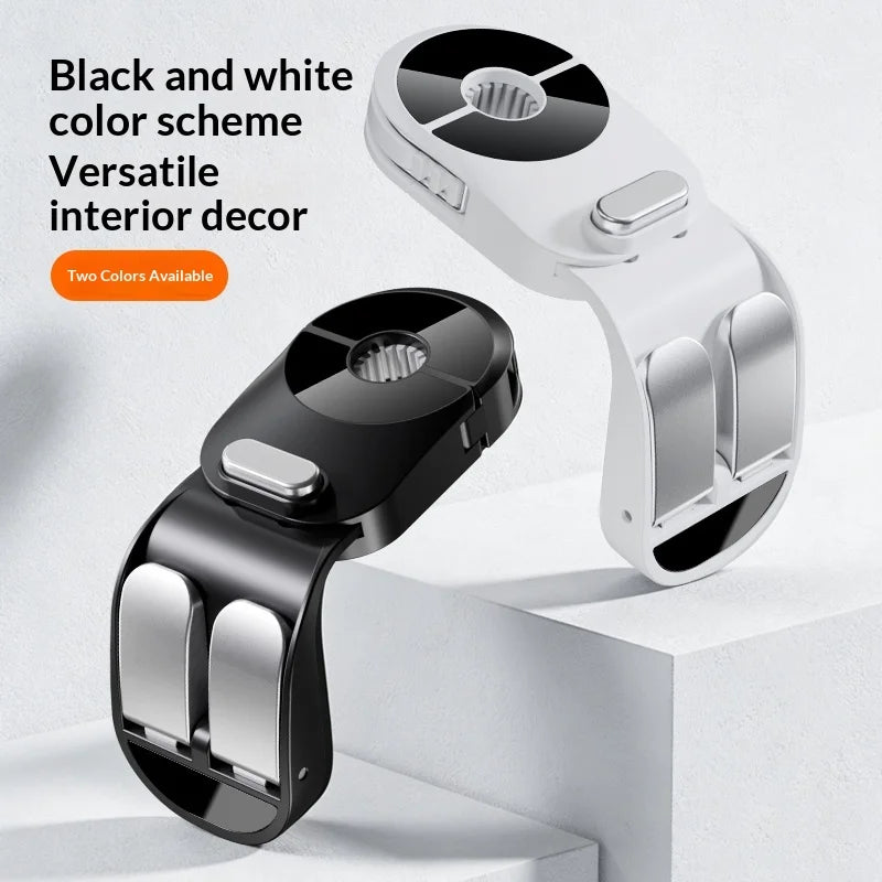 A black and white versatile interior decor product showing two universal car seat back hooks for hidden storage.