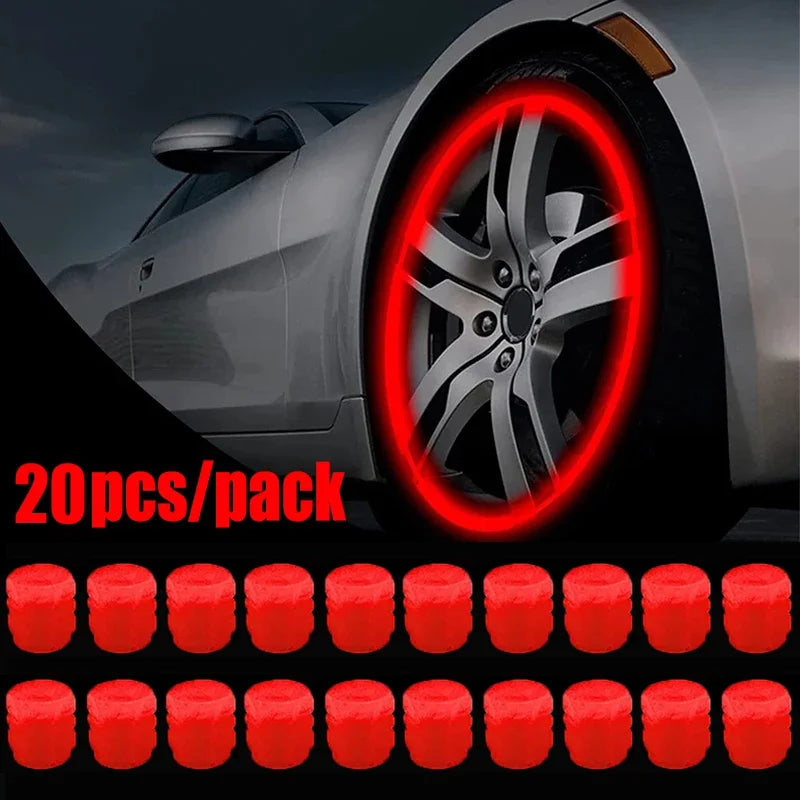 A pack of 20 red luminous tire valve caps with a glow-in-the-dark design shown next to a car wheel.