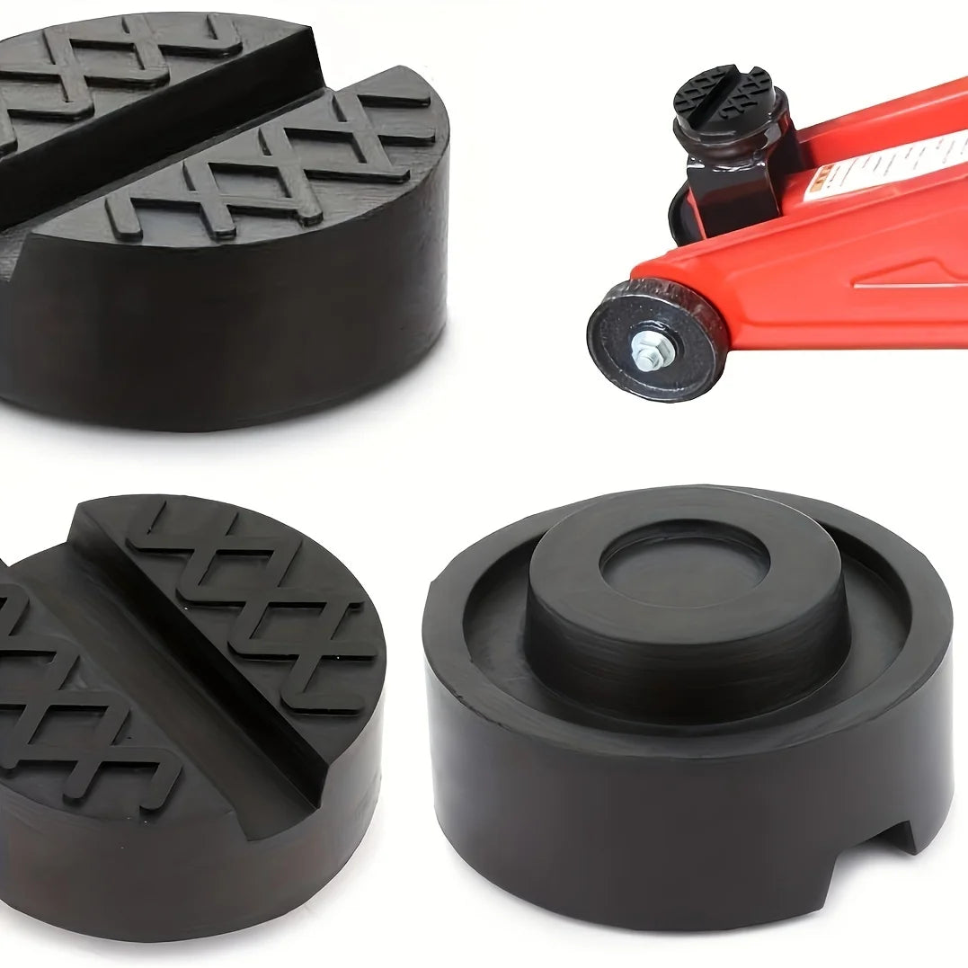 Black rubber jack pad designed to protect pinch welds and frame rails on floor jacks.