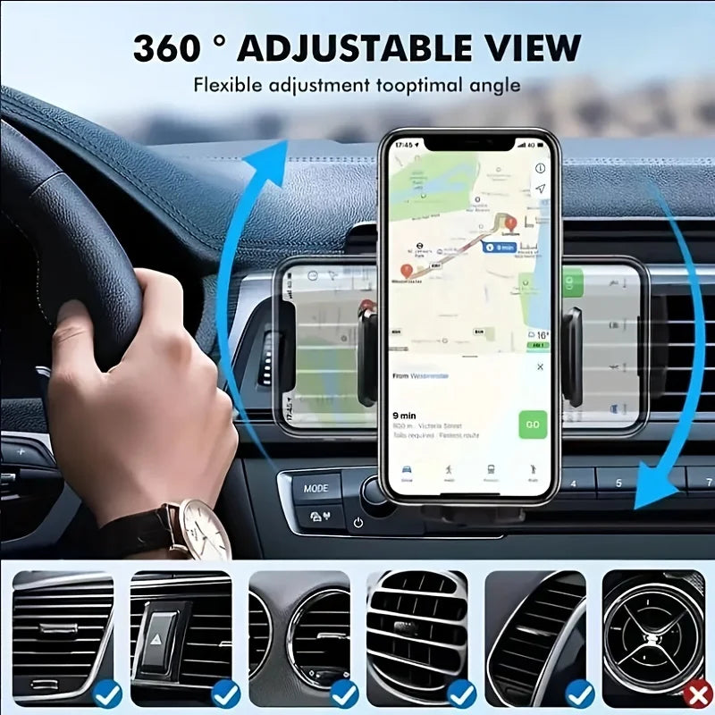 A hand holds a smartphone in a car's air vent phone holder, demonstrating a 360 degree adjustable view.