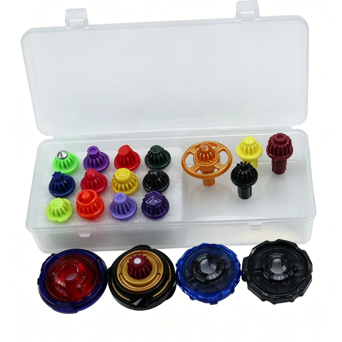 A clear storage box containing various colored spinning top customization accessories like spinners and tops.