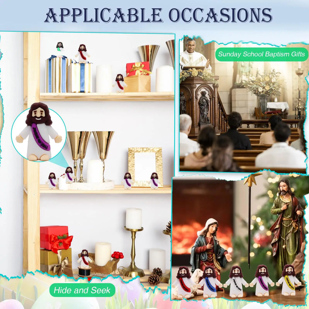 A set of mini Jesus figurines in various colors and religious scenes for Easter and baptism gifts