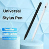 A black and white universal stylus pen is shown against a light blue geometric background with text highlighting its sensitiv