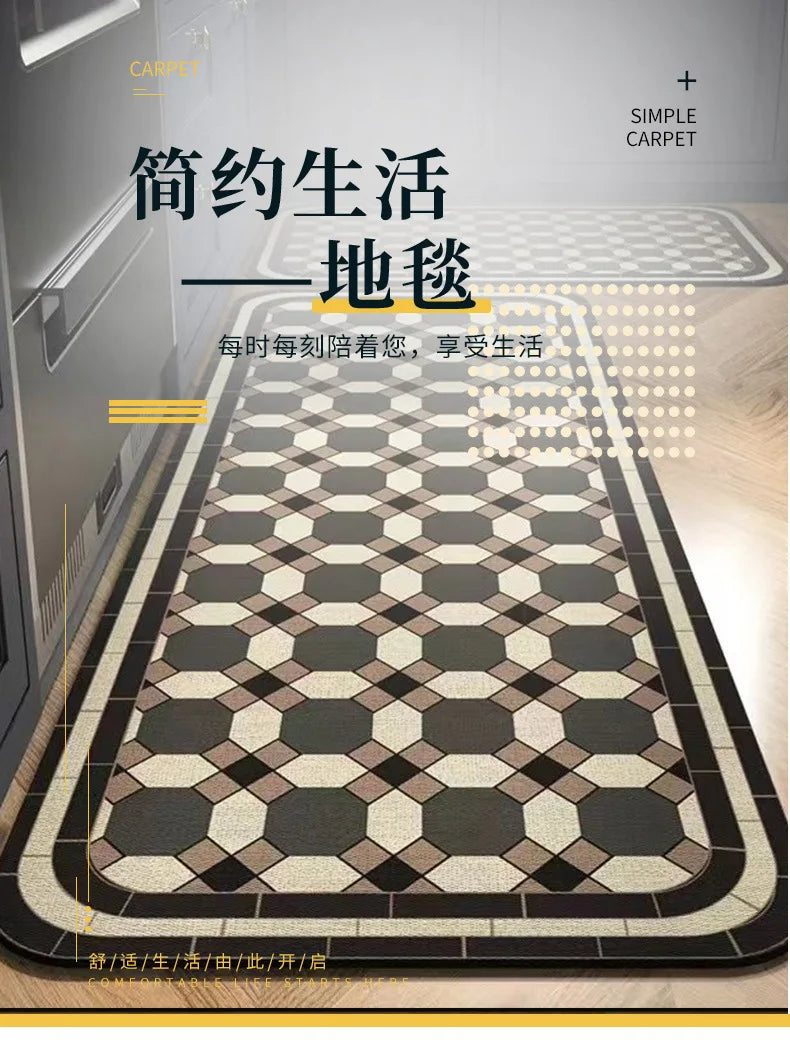 A rectangular kitchen rug featuring a classic geometric pattern in shades of beige, brown, and black on a light wood floor.