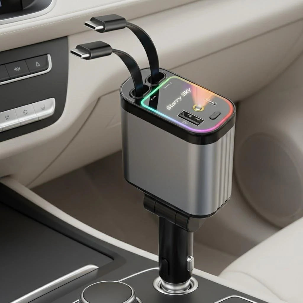 Cargador de coche USB-C retráctil plateado con pantalla luminosa, montado en la consola interior del coche.
