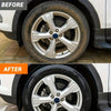 Before and after comparison of a tire and wheel restoration process on a car rim.