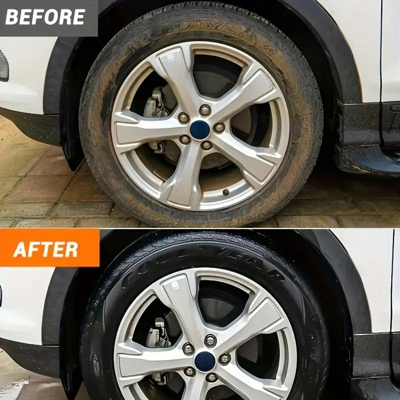 Before and after comparison of a tire and wheel restoration process on a car rim.