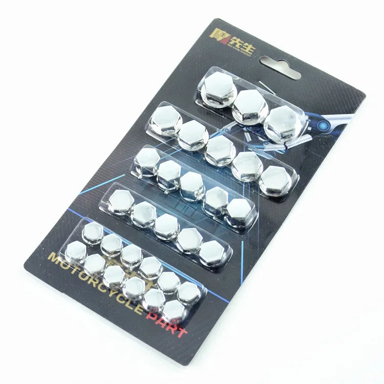 A plastic packaging tray containing a set of 30 decorative bolt caps for motorcycle parts.