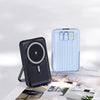 A black magnetic wireless power bank next to a light blue charging case with multiple USB ports.