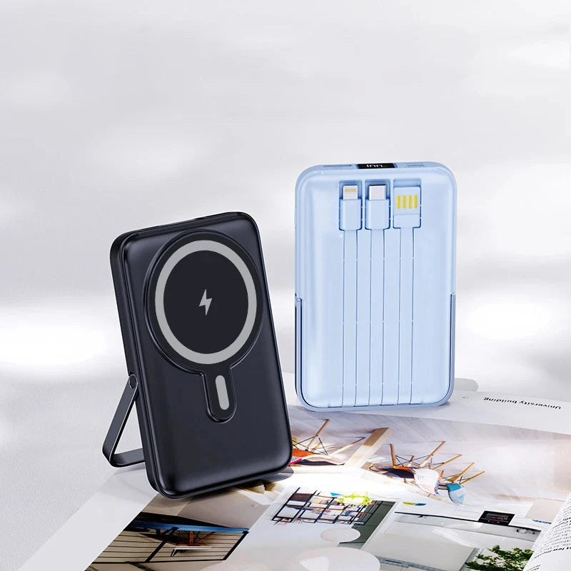 A black magnetic wireless power bank next to a light blue charging case with multiple USB ports.