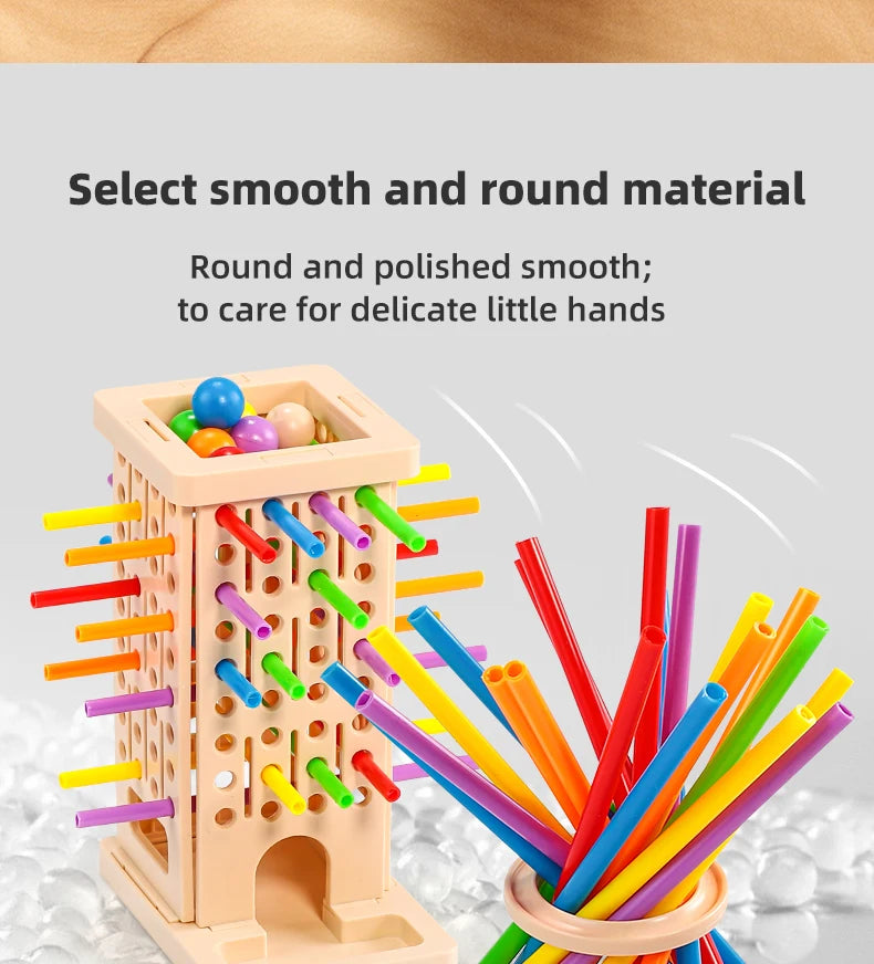 A wooden pick-up sticks board game featuring smooth, round sticks in various colors.