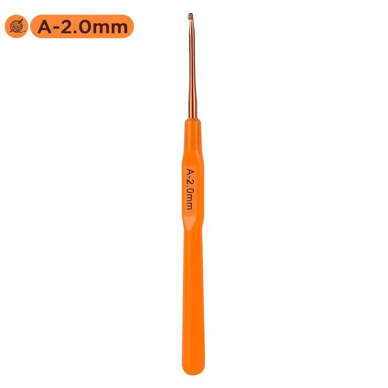 An orange A-2.0mm crochet hook with an ergonomic handle.