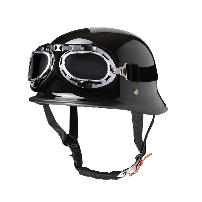 Black lightweight half helmet with integrated goggles for motorcycle and scooter riders