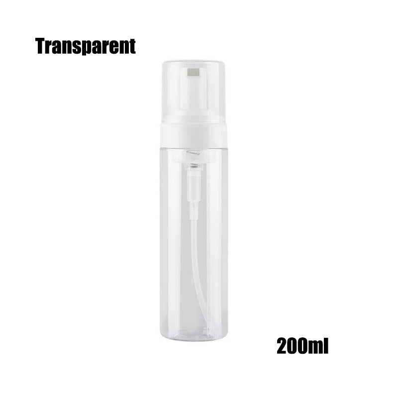 A clear, transparent refillable foaming soap dispenser bottle with a pump mechanism.