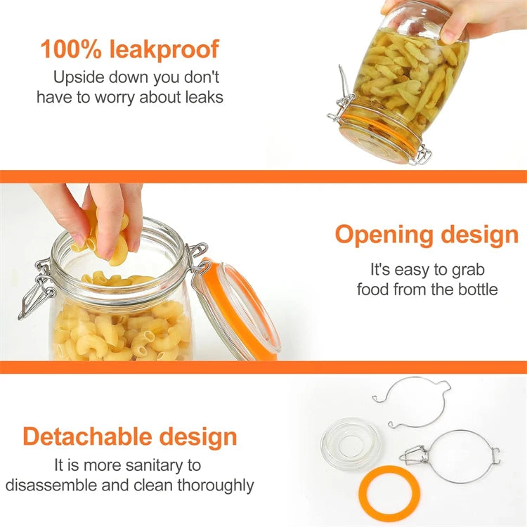 A glass mason jar with an opening design and detachable lid is shown, filled with dried food.
