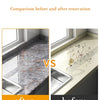 Comparison of a renovated marble surface after and before installation of peel and stick wallpaper.