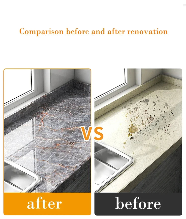 Comparison of a renovated marble surface after and before installation of peel and stick wallpaper.